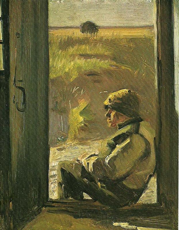 Viggo Johansen blinde- christian siddende i doren til sit hus France oil painting art